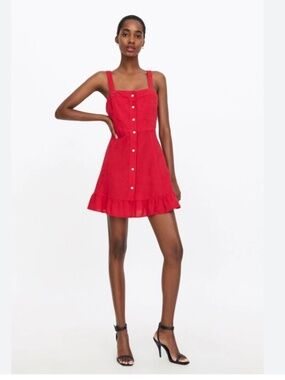 Zara Red Linen Button-Down Sleeveless Mini Dress Size Medium